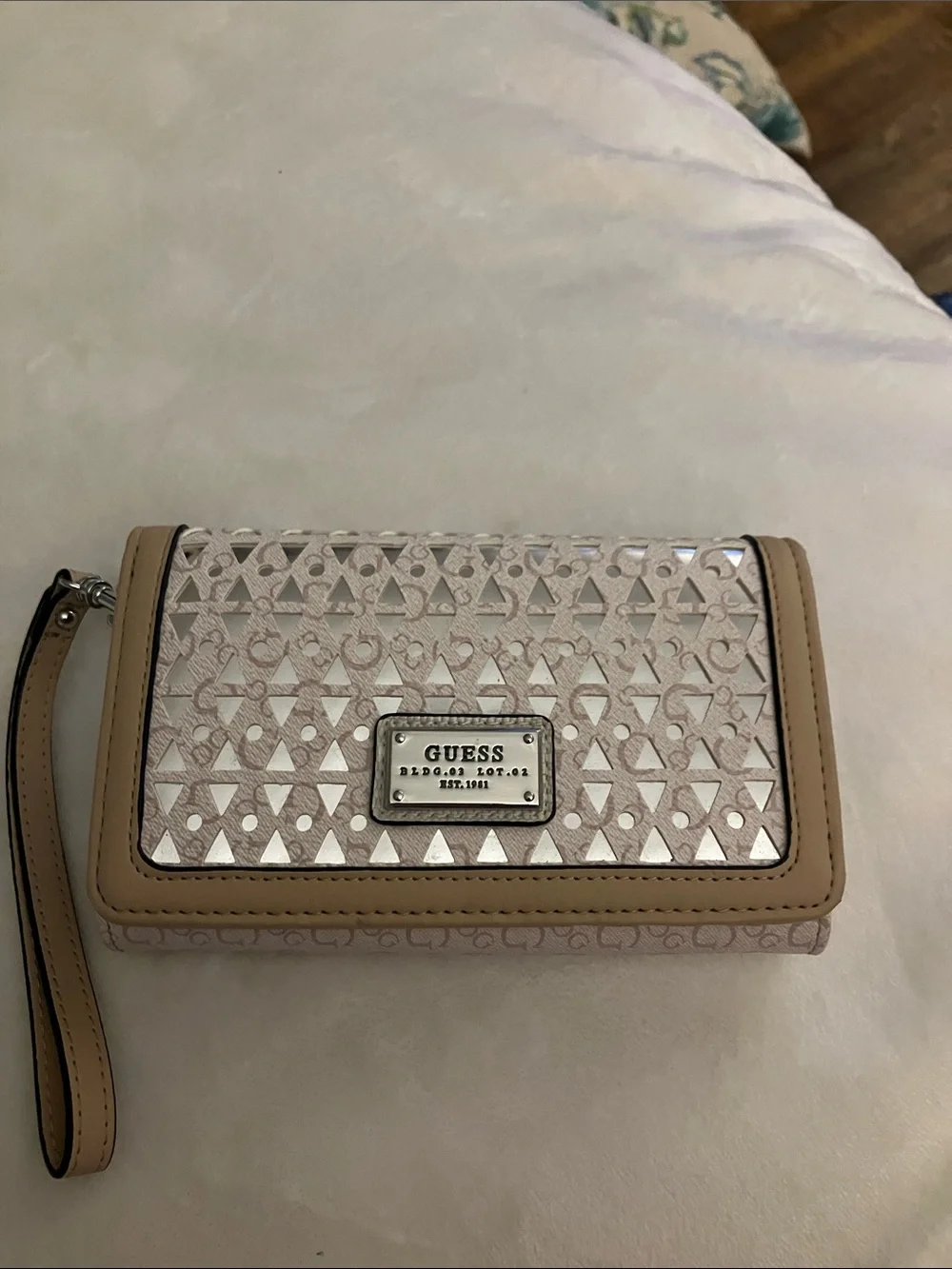 GUESS Beige and Tan Logo-Print Wristlet Clutch